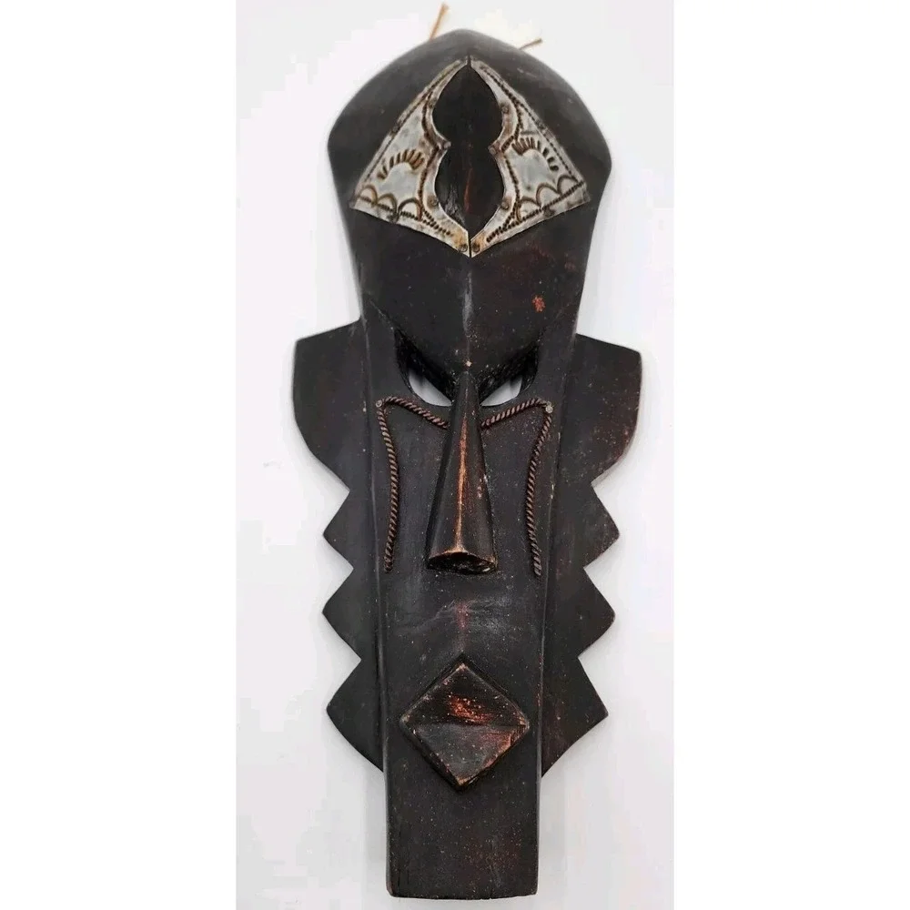 Wooden Hand Carved Beautiful And Hammered Metal Ghana Mask 14 1/2